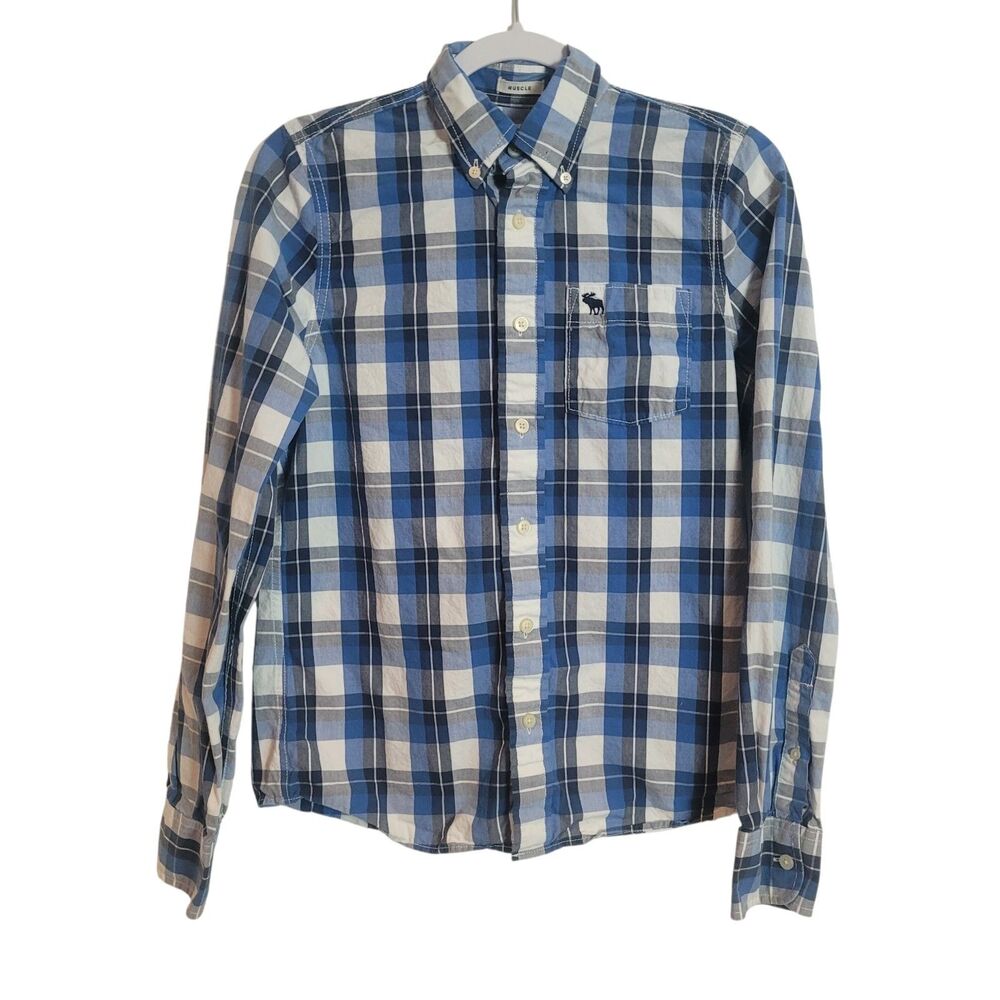 Abercrombie & Fitch Y2K Button Up Plaid Muscle Shirt Men's XL Blue Cotton VTG